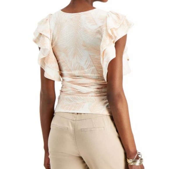 INC by Macy's | Summer Palm Flutter-Sleeve Wrap Top - Picture 3 of 4